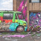 放棄されたバンとバイクのグラフィティアーバンアート シール (正面)