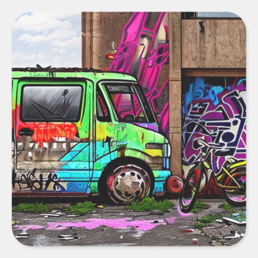 放棄されたバンとバイクのグラフィティアーバンアート スクエアシール (正面)