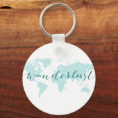 放浪、旅行への欲望、ティール(緑がかった色)の世界地図 キーホルダー (正面)