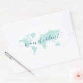 放浪、旅行への欲望、ティール（緑がかった色）の世界地図 楕円形シール (封筒)