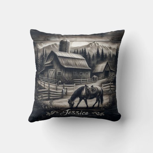 放牧素朴馬と夕暮れのファームシーン クッション (裏面)