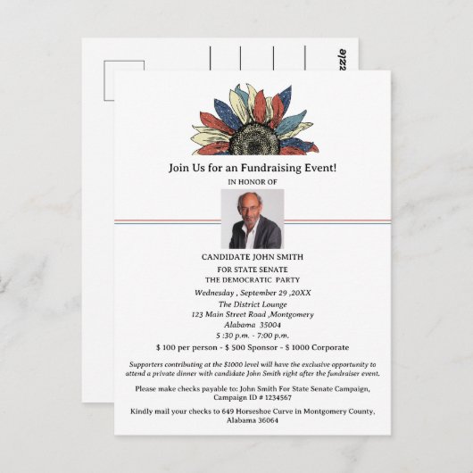 政治キャンペーン募金イベント招待状 ポストカード (正面/裏面)