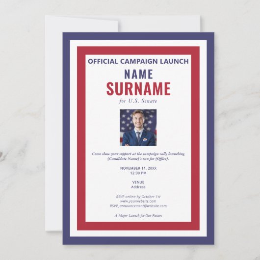 政治候補のキャンペーンラリーのキックオフの打ち上げ 招待状 (正面)