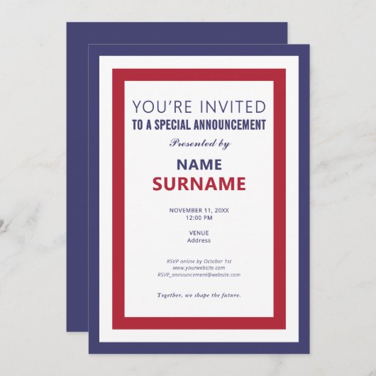 政治候補ティーザーキャンペーンのキックオフの打ち上げ 招待状 (正面/裏面)