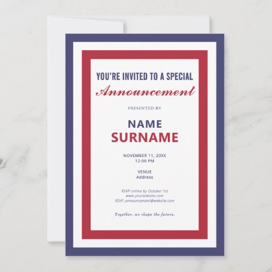 政治候補者向けのキャンペーン開始告知テンプレート 招待状 (正面)