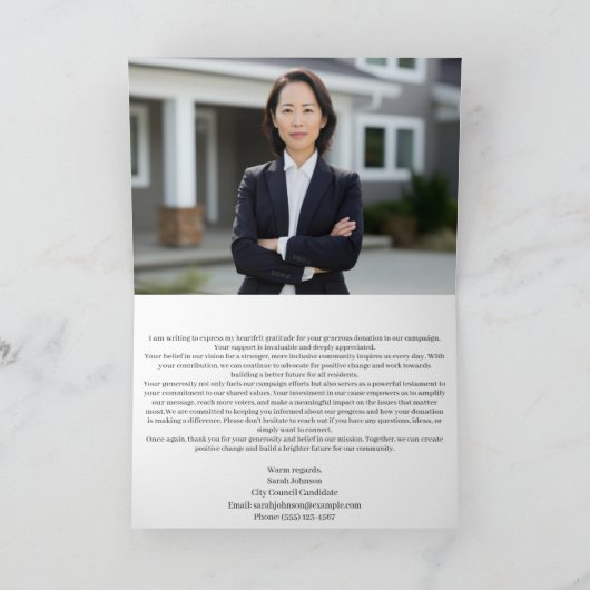 政治選挙キャンペーンの寄付 サンキューカード (内部)