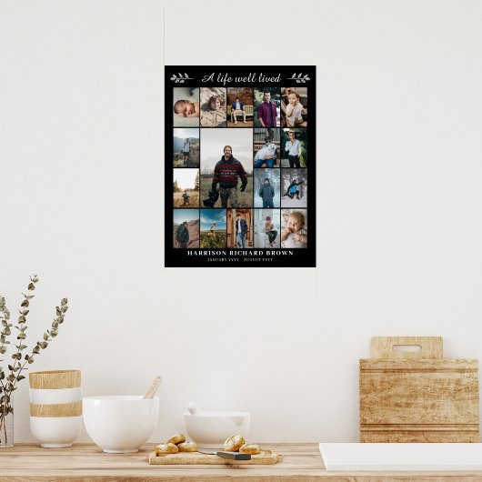 故人の生涯を称える17枚の写真コラージュ追悼プレート ポスター (キッチン)