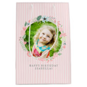 敏感なピンクのストライプのカスタムな写真の花柄フレーム ミディアムペーパーバッグ (正面)