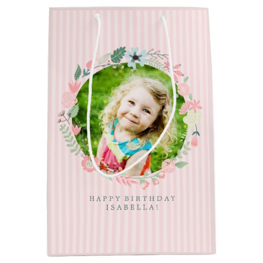 敏感なピンクのストライプのカスタムな写真の花柄フレーム ミディアムペーパーバッグ (正面)