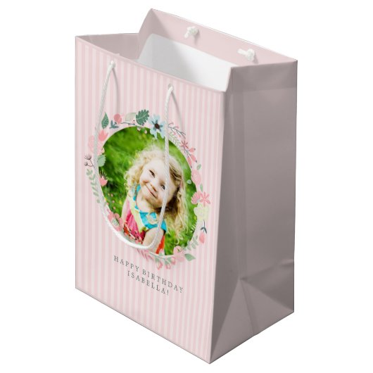 敏感なピンクのストライプのカスタムな写真の花柄フレーム ミディアムペーパーバッグ (正面アングル)