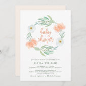 敏感なモモの花柄およびユーカリ|のベビーシャワー 招待状 (正面/裏面)