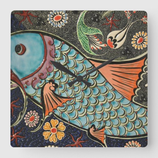 敏感な海のモザイク沿岸コイの魚 スクエア壁時計 (正面)