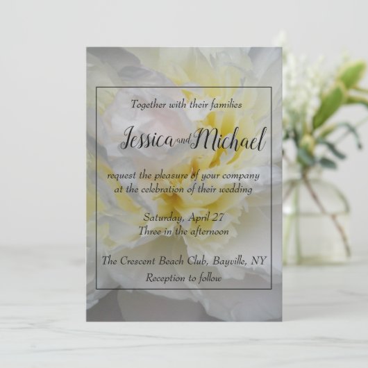 敏感な黄色及び白いシャクヤクのばら色の結婚式の招待 招待状 (スタンド正面)