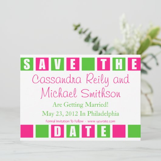 救って下さい日付(ショッキングピンク/ライムグリーンの正方形の箱)を セーブザデート (スタンド正面)