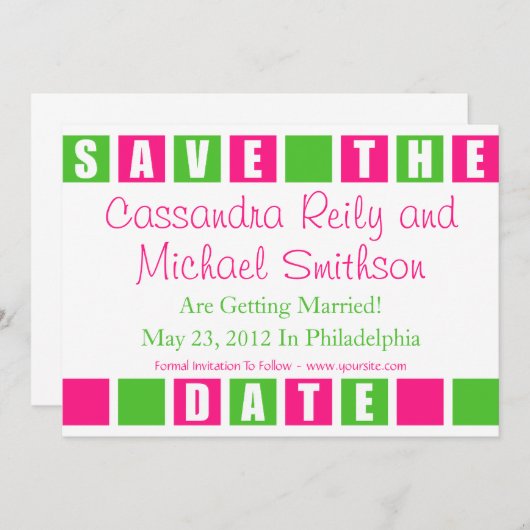 救って下さい日付(ショッキングピンク/ライムグリーンの正方形の箱)を セーブザデート (正面/裏面)