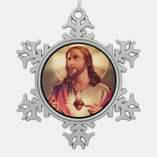 救世主の目を天国に向ける スノーフレークピューターオーナメント (正面)