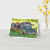 救助犬絵画でいっぱいの水色の古いトラック カード (黄色い花)
