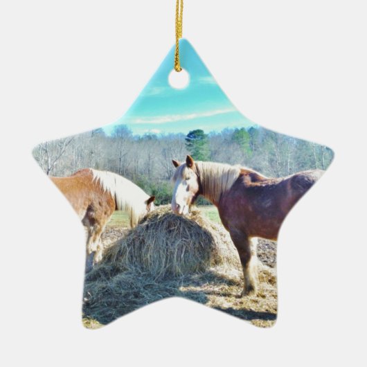 救助荷車を引く馬食べの干し草 セラミックオーナメント (正面)