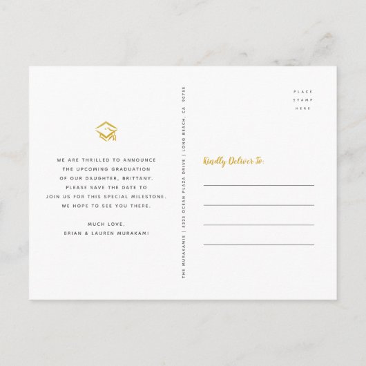 救卒業写真モダンシックな黒金ゴールド インビテーションポストカード (裏面)