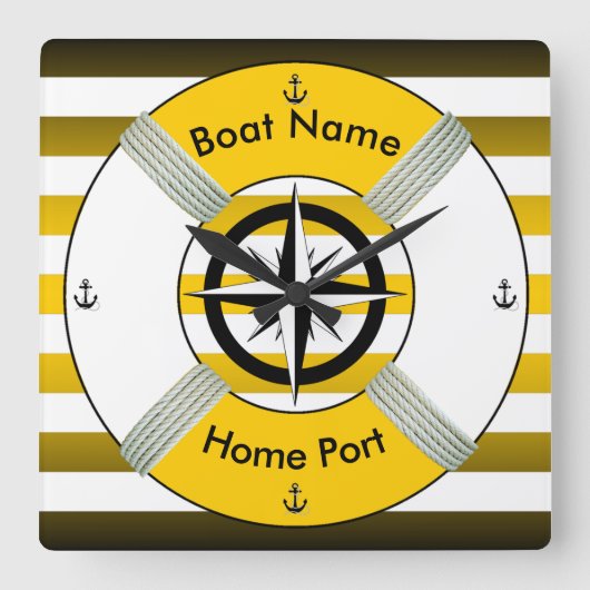 救命ブイ~救命リングや輪~Livesaver~金ゴールドブラック&ホワイト~ スクエア壁時計 (正面)