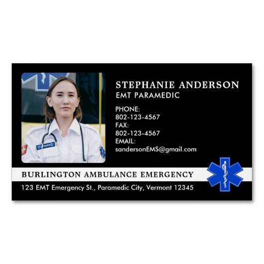 救急医療隊員EMS EMT救急車の写真ロゴ マグネット名刺 (正面)