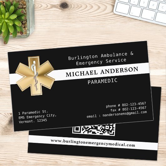 救急医療隊員EMS EMT金ゴールド救急車ロゴQRコード 名刺