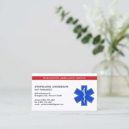 救急医療隊員EMTカスタム救急車スター・オブ・ライフ・ロゴ 名刺 (スタンド正面)