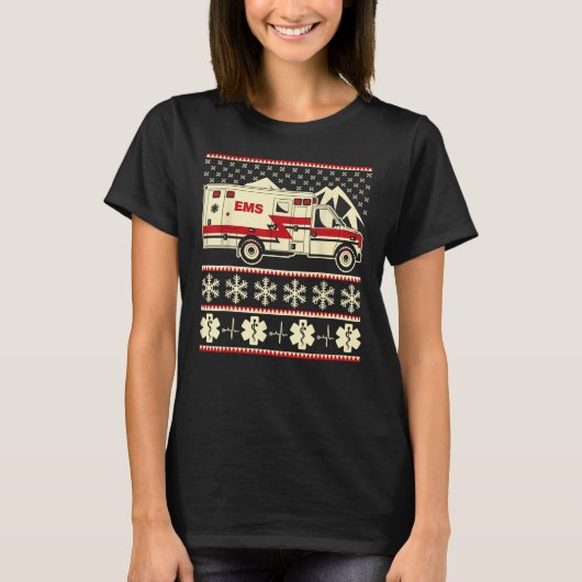 救急車おもしろいとEMT醜いクリスマスセーター Tシャツ (正面)