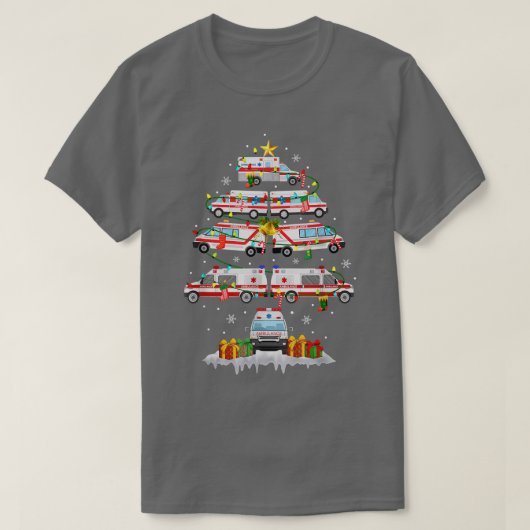 救急車のクリスマスツリー AMR おもしろ EMS 救急隊員 パラメディック Tシャツ (デザイン正面)