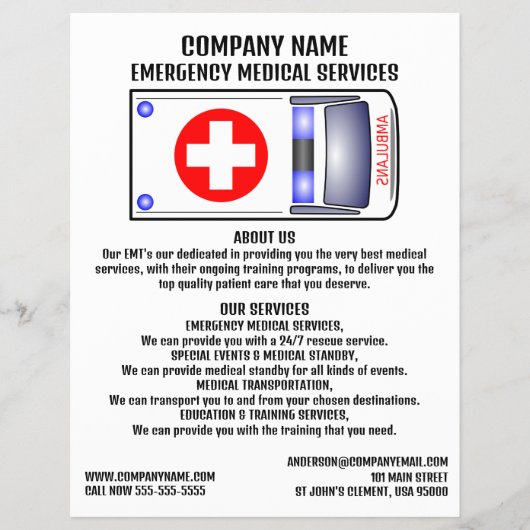 救急車デザイン、EMT、救急医療隊員 チラシ (正面)