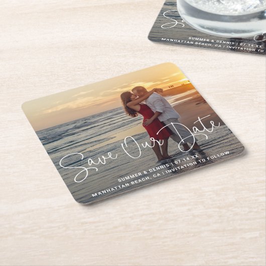 救日の台本の写真エレガント日付の保存 スクエアペーパーコースター (アングル)