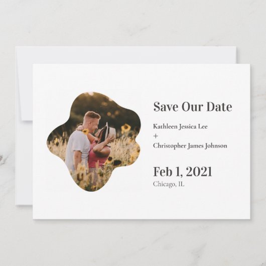 救日付けのおもしろいシンプル写真よくはしゃぐの結婚写真 案内状 (正面)