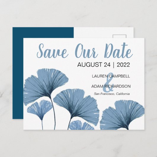 救日付の青と白結婚の 案内ポストカード (正面/裏面)