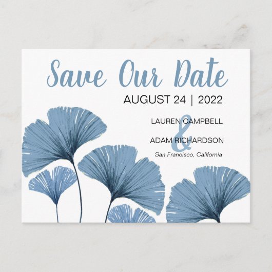 救日付の青と白結婚の 案内ポストカード (正面)