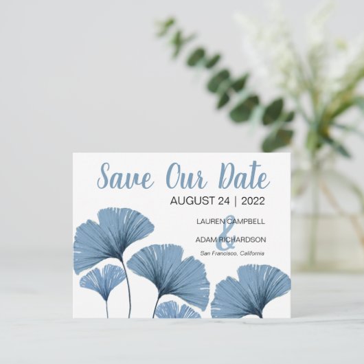 救日付の青と白結婚の 案内ポストカード (スタンド正面)