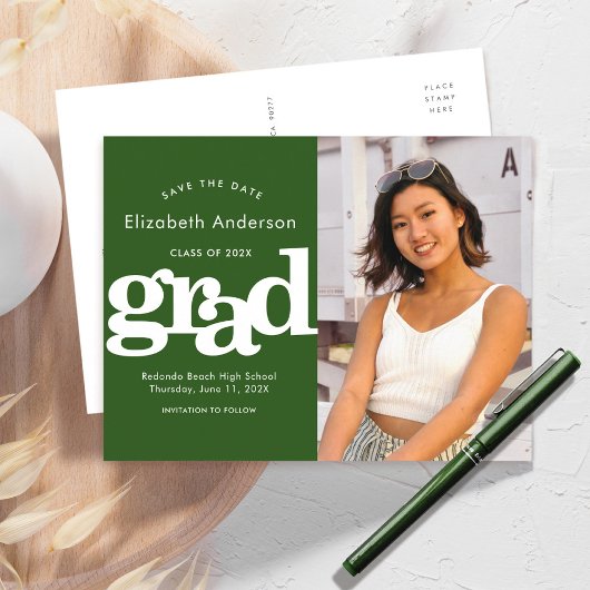 救日緑卒業写真はっきりしたタイポグラフィ インビテーションポストカード