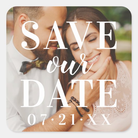 救Date White Overlayの写真結婚のカスタム スクエアシール (正面)