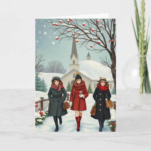 教会から出てくる人々のヴィンテージイラスト カード (正面)