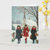 教会から出てくる人々のヴィンテージイラスト カード (黄色い花)