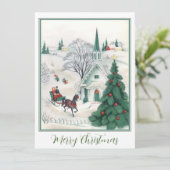 教会でグリーンビンテージクリスマスホースそり シーズンカード (スタンド正面)