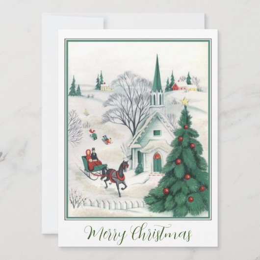 教会でグリーンビンテージクリスマスホースそり シーズンカード (正面)
