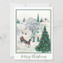 教会でグリーンビンテージクリスマスホースそり シーズンカード
