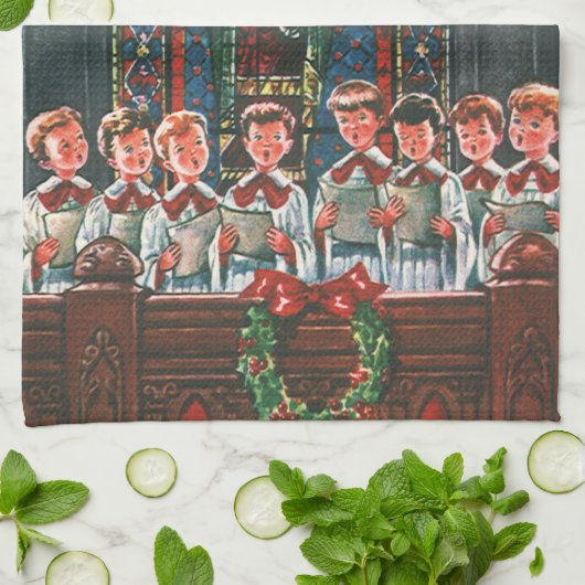 教会で合唱団を歌うヴィンテージクリスマスの子供たち キッチンタオル (折り畳み)