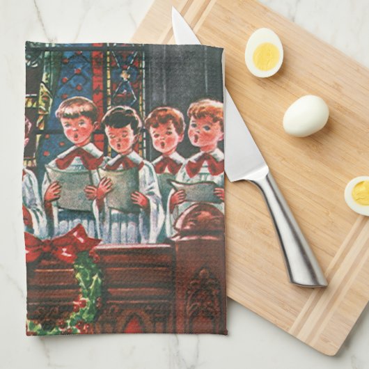 教会で合唱団を歌うヴィンテージクリスマスの子供たち キッチンタオル (四つ折り)