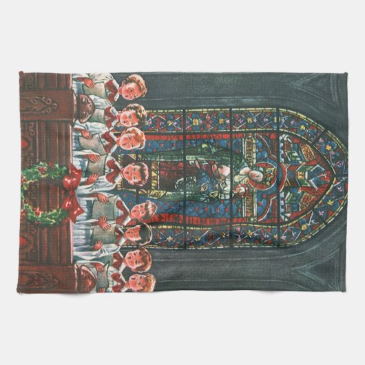 教会で合唱団を歌うヴィンテージクリスマスの子供たち キッチンタオル (横)