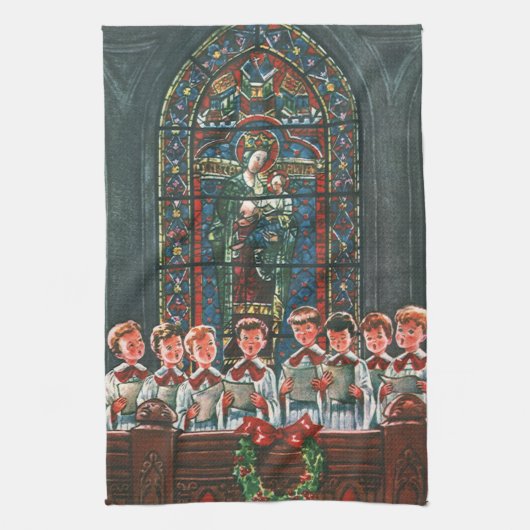 教会で合唱団を歌うヴィンテージクリスマスの子供たち キッチンタオル (縦)