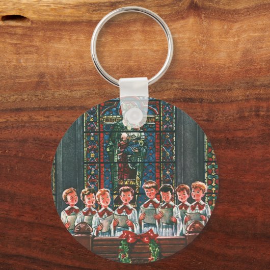 教会で合唱団を歌うヴィンテージクリスマスの子供たち キーホルダー (正面)