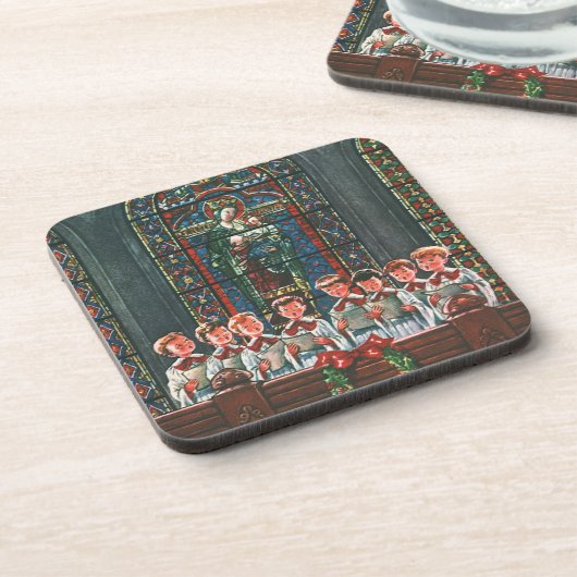 教会で合唱団を歌うヴィンテージクリスマスの子供たち コースター (左側)