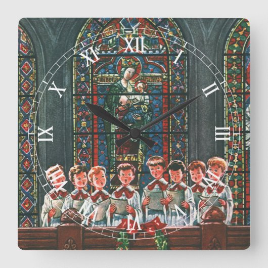 教会で合唱団を歌うヴィンテージクリスマスの子供たち スクエア壁時計 (正面)