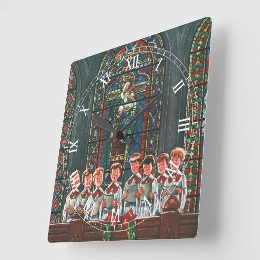 教会で合唱団を歌うヴィンテージクリスマスの子供たち スクエア壁時計 (傾斜)